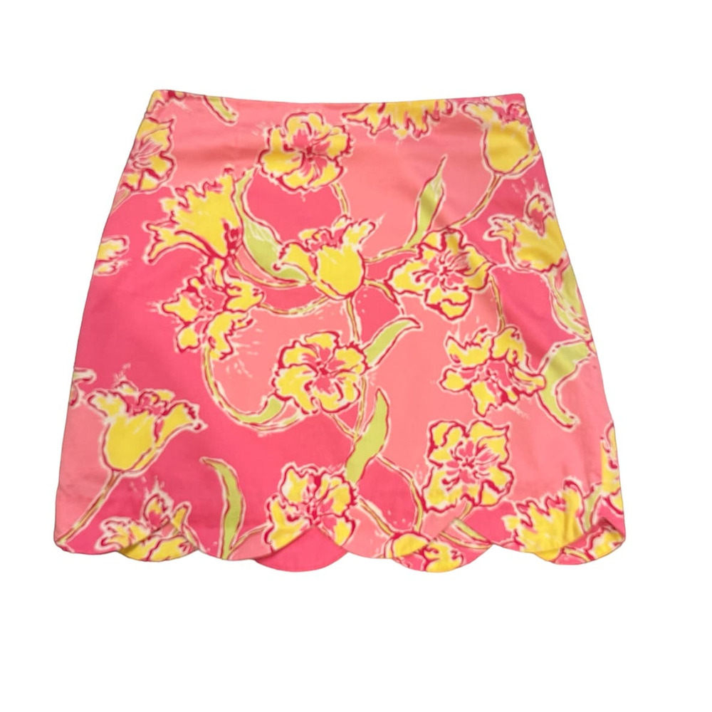 Lilly Pulitzer pink and yellow skirt 6, preppy, cotton. resort, scalloped hem